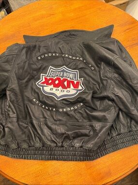 Black Leather Super Bowl XXXIV Bomber Jacket with Red and White Crest Rams xl